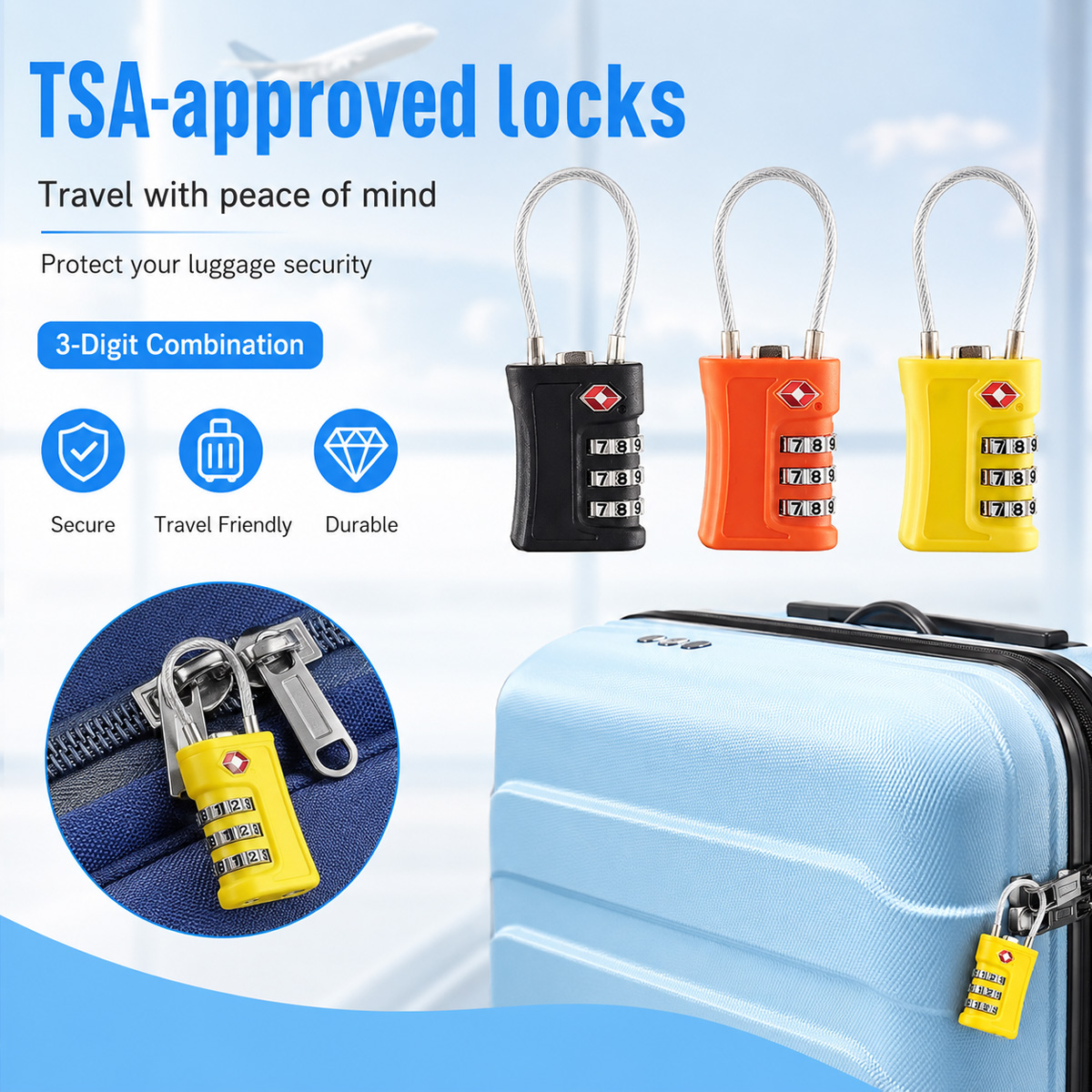 Cable Lock Combination - TSA Approved Luggage Lock 3 Digit