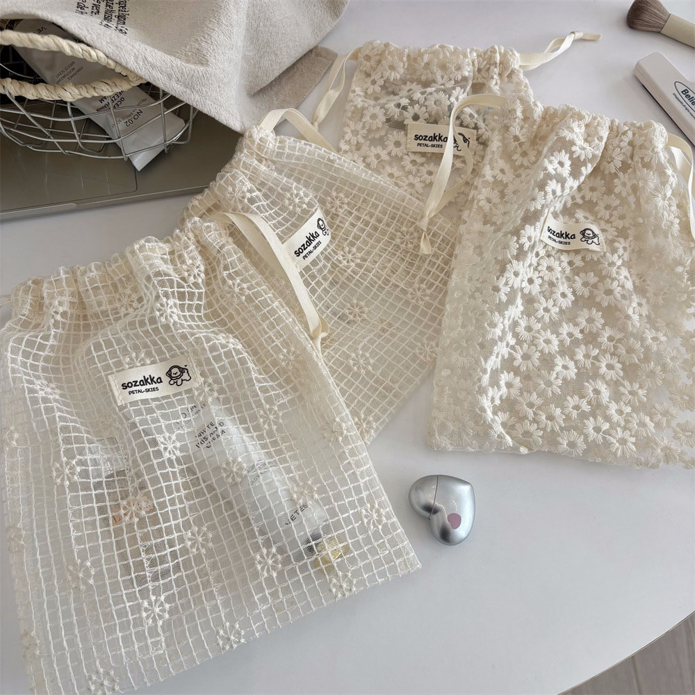 Travel Accessories Deals - Lace Embroidered Daisy Mesh Drawstring Makeup